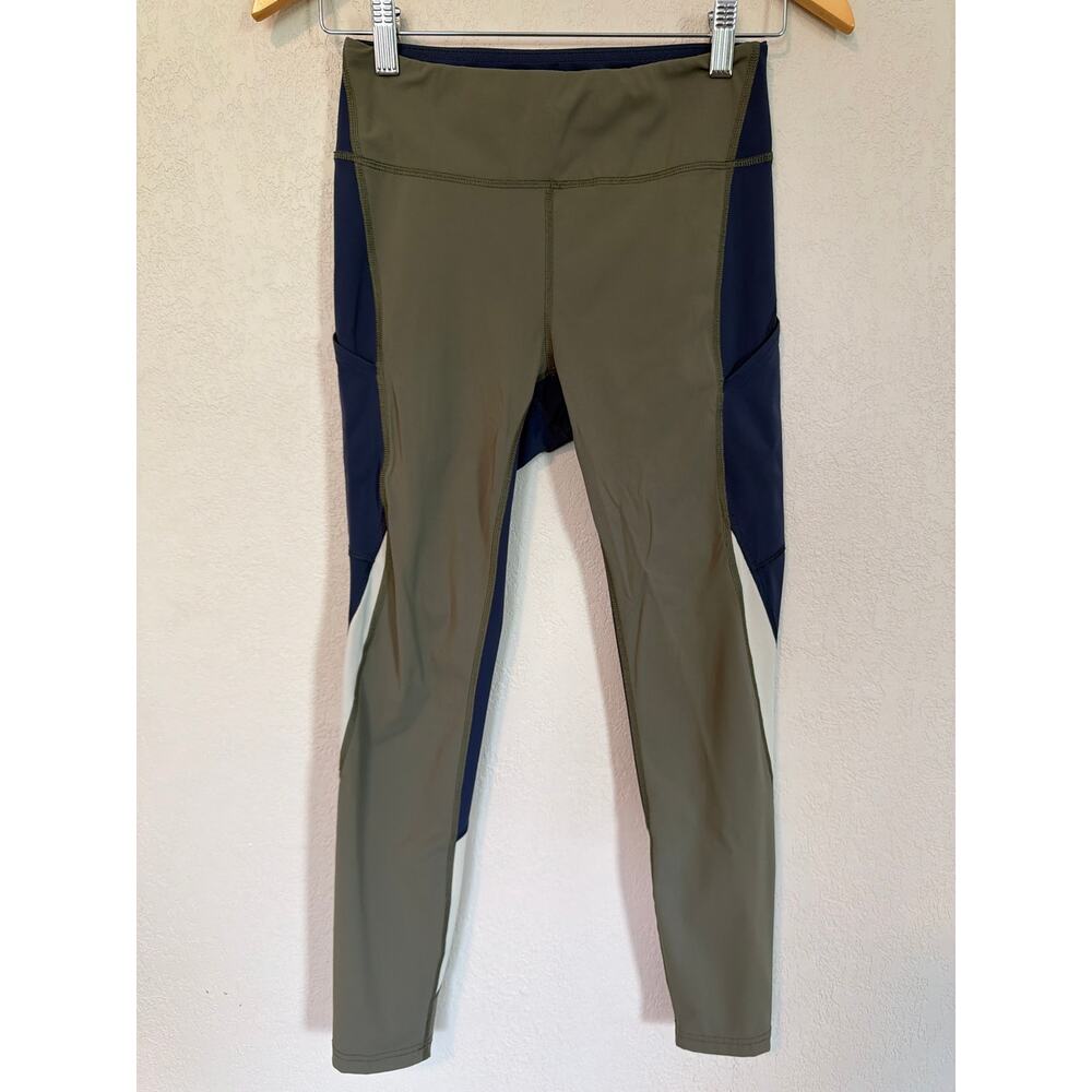 Outdoor Voices olive green, navy blue, and cream colorblock Leggings SZ S